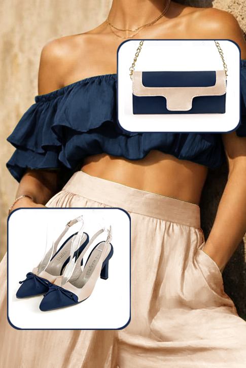 Women's navy blue and gold elegant slingback heels, with a bow on the front. Tapered toe. High slim heel - Worn view
